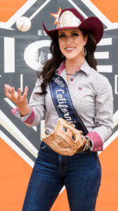 Jackie Scarry, Miss Rodeo California, tossing a baseball.